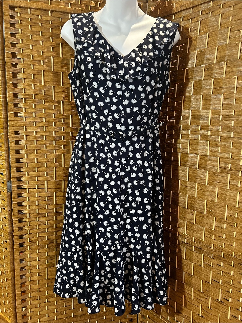 Navy Floral Fit & Flare Midi Dress Ruffle Neck Belted Petite 10P Talbots